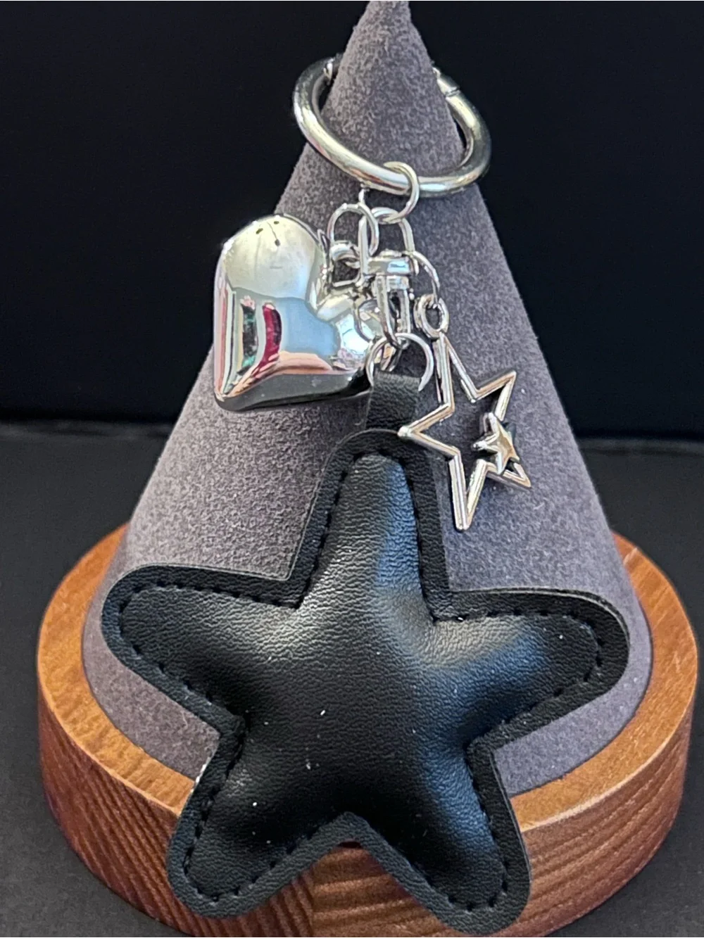 FauxLeather Star Bag Charm Keychain w/Silver Heart & Star Charms Choice of Color